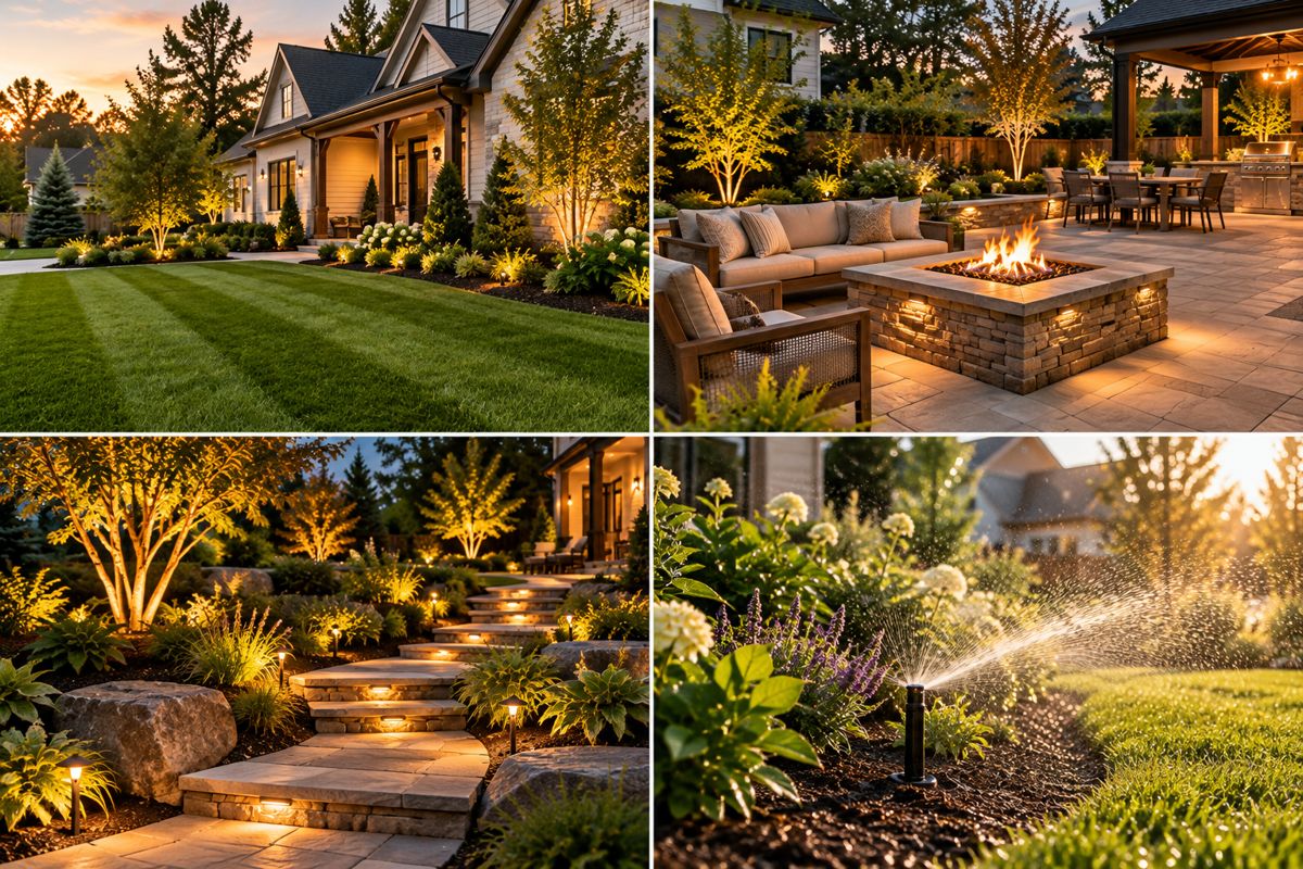Green industry projects: lawn care, hardscape patio with fire pit, landscape lighting and irrigation
