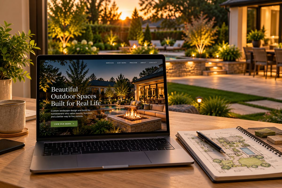 A laptop showing a landscaping company website, with a lit backyard patio behind it