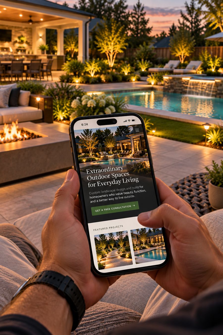 Homeowner browsing a landscaping company website on their phone in a luxury backyard
